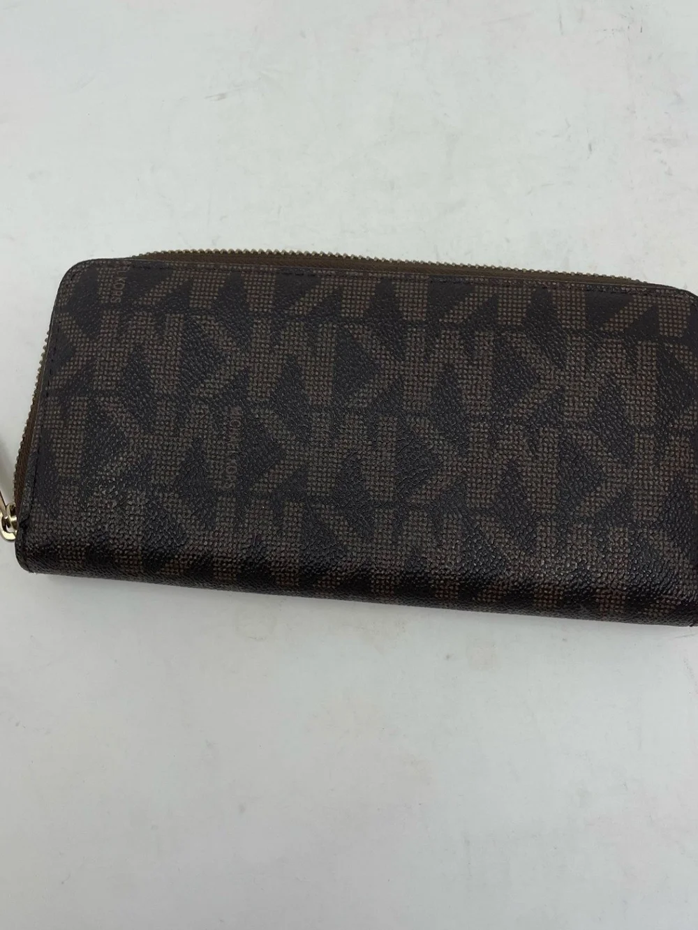 Michael Kors Dark Brown MK Logo Zip-Around Wallet with Gold Plaque